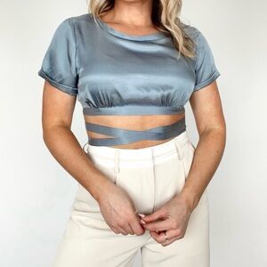 Elegant Blue Satin Wrap Top